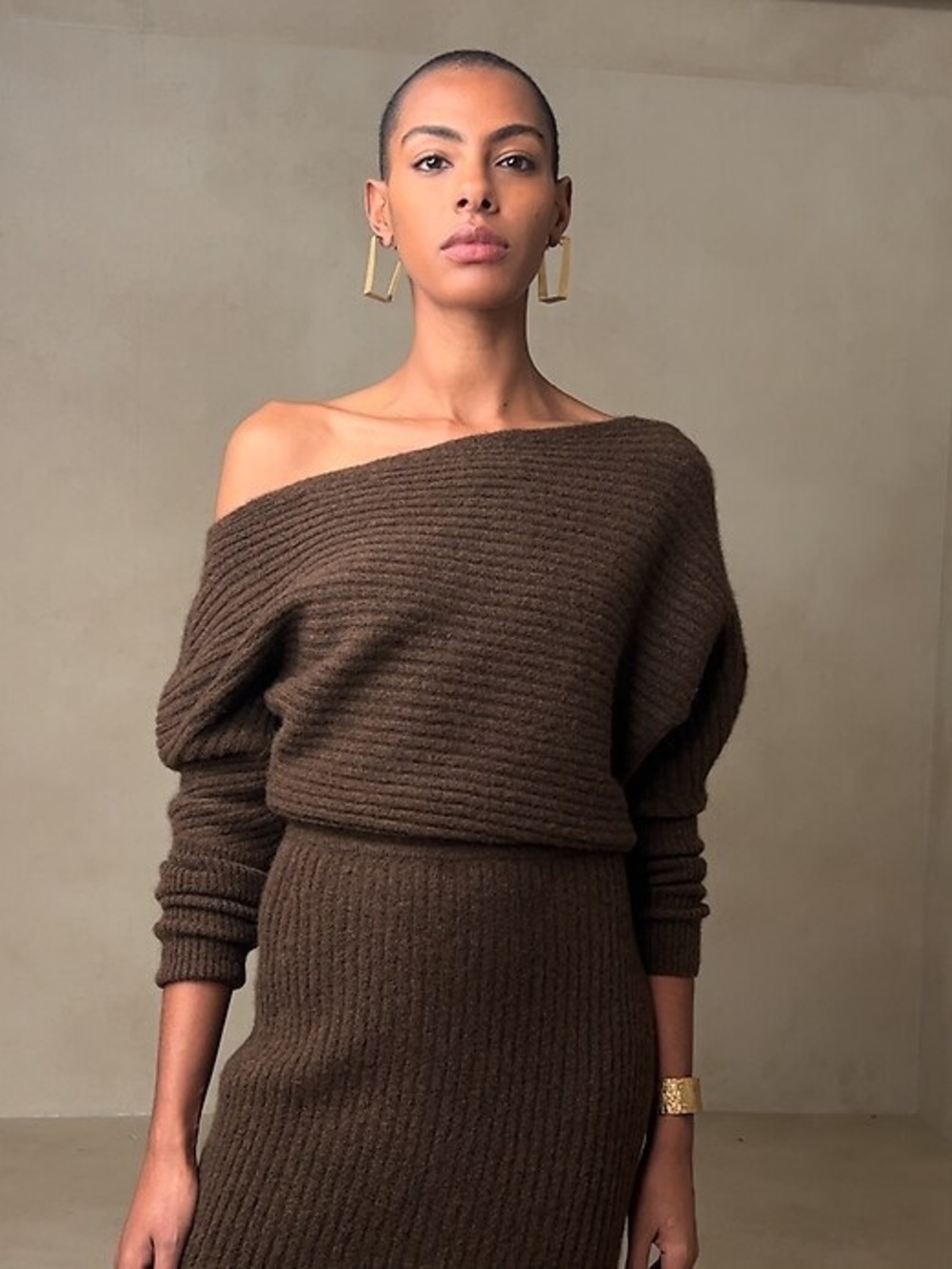 Banana Republic Colleta Off-shoulder Midi Dress Brown Wool Yak LP Large Petite